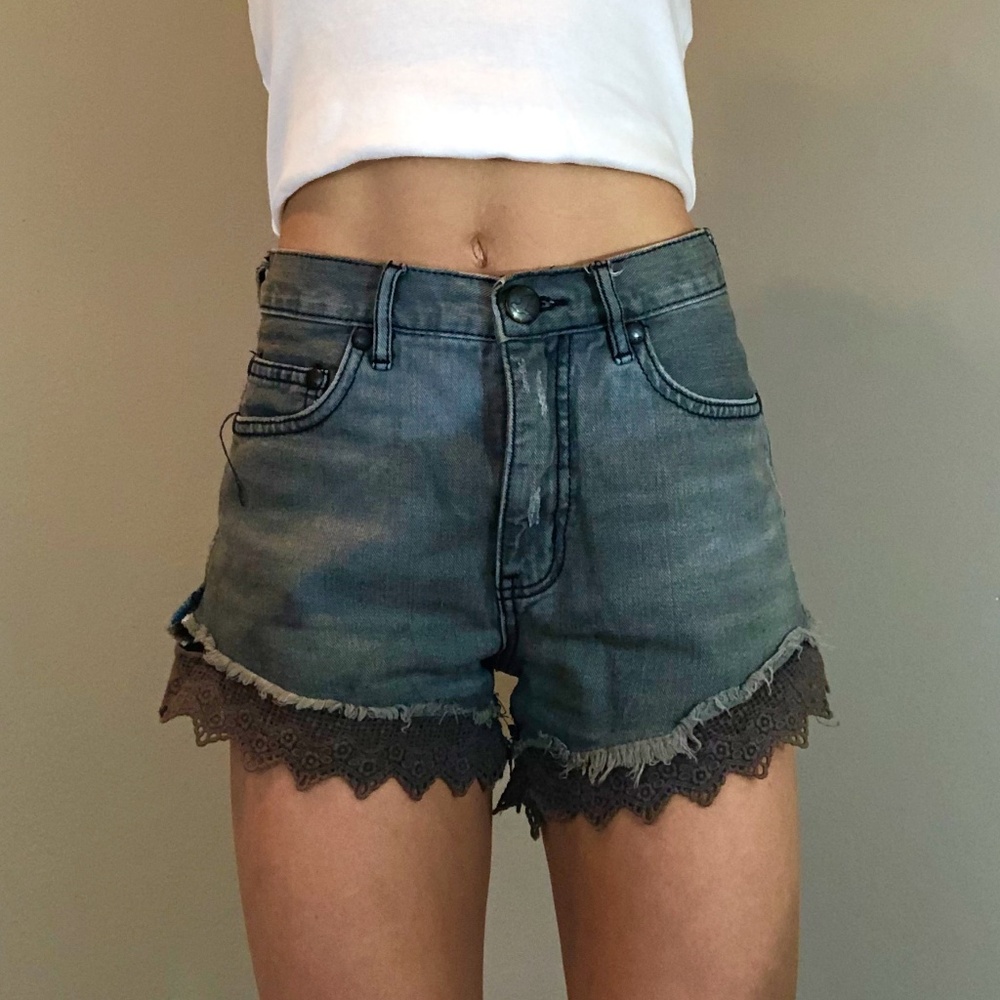 Free People Gray Denim Shorts with Lace Trim